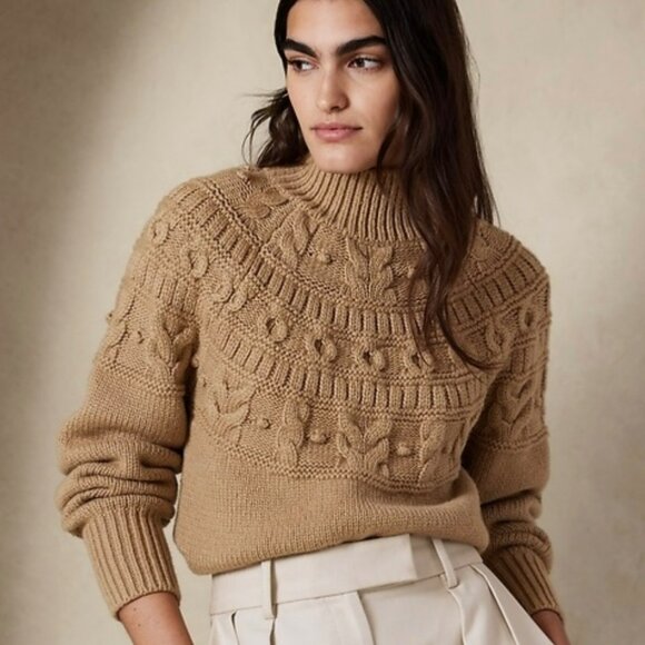Banana Republic Couronne Cable Knit Sweater Women Large‎ Tan Beige Fisherman - Picture 1 of 9